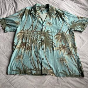 Tommy Bahama blue and green palm tree silk button down collared shirt
